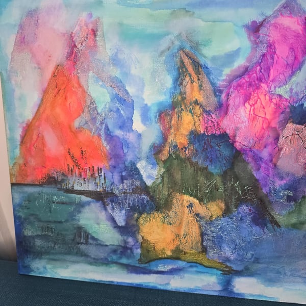 Vivid peaks - mixed media on a3 canvas board