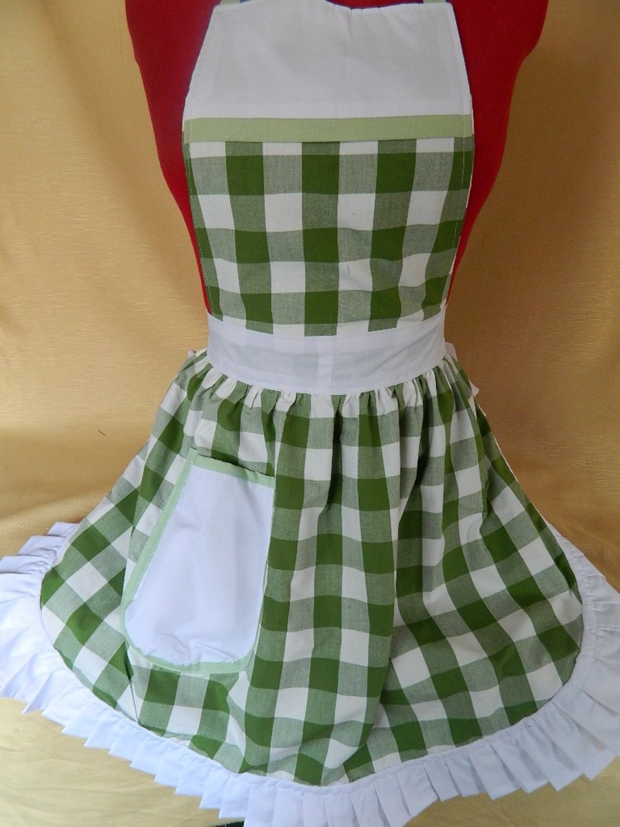 Vintage 50s Style Full Apron Pinny - Green & White Check with White Trim
