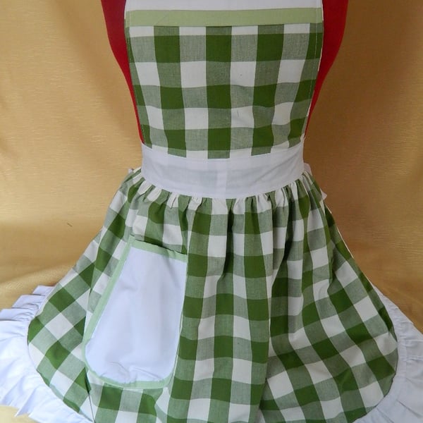 Vintage 50s Style Full Apron Pinny - Green & White Check with White Trim