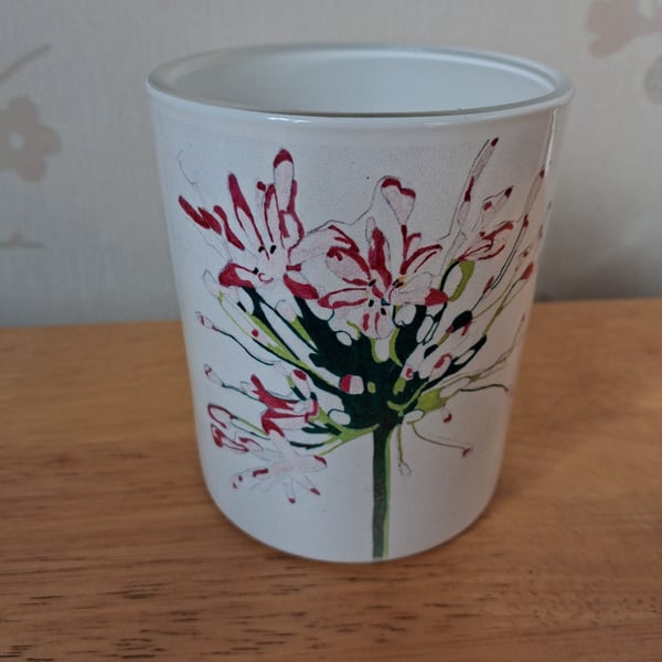 White Ceramic Candle Jar with Hand-Drawn Pretty Flower Print