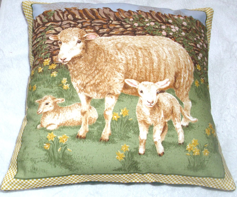 On the Farm sheep and lambs in springtime cushion