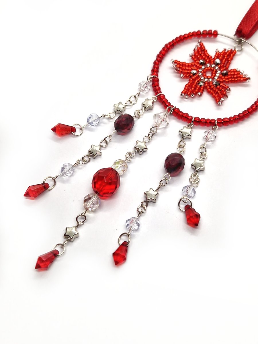 Red and silver poinsettia star beaded hanging decoration