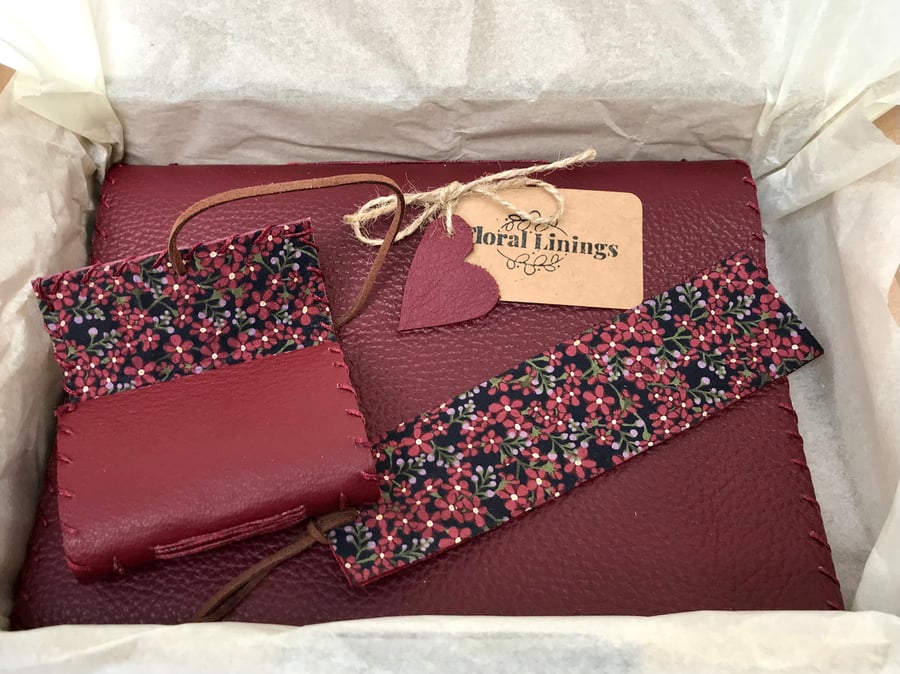 Gift Box containing Leather handmade notebook floral fabric lining  paper 