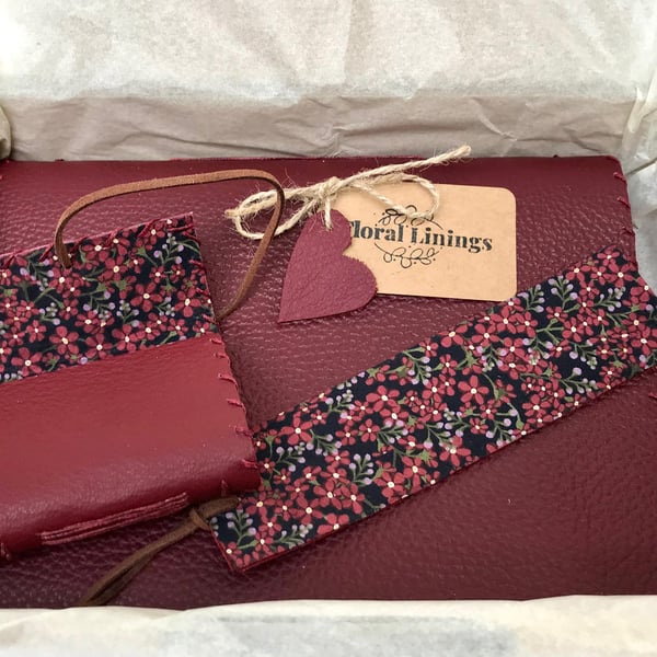 Gift Box containing Leather handmade notebook floral fabric lining  paper 