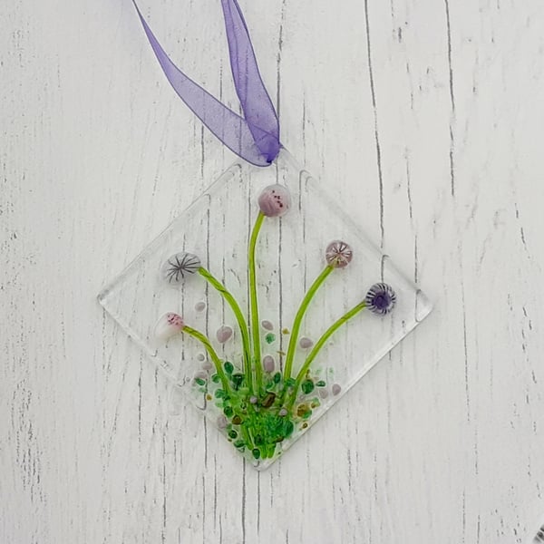 Fused glass suncatcher hanging decoration, purple flowers