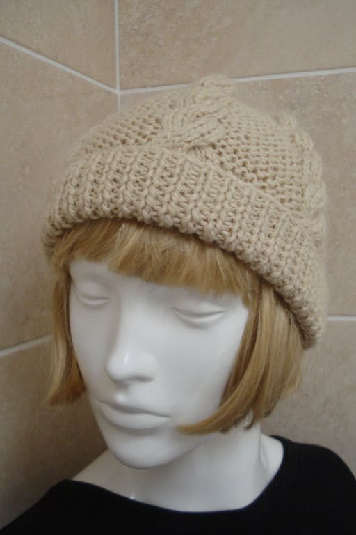 Cream Knitted With Alpaca and Acrylic Yarn Six Cable Pattern Hat (J96)