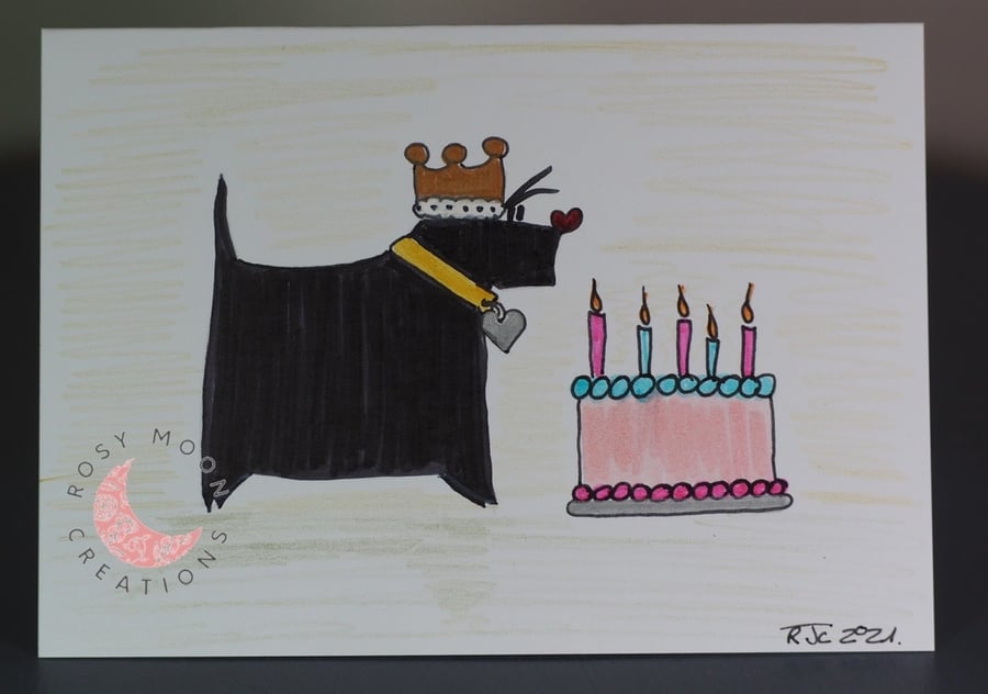 Scottie Dog with Pink Birthday Cake Birthday Card