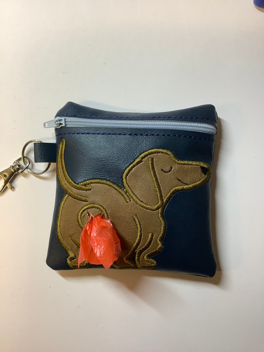 Lovely  Dachshund  Embroidered Navy blue  faux leather dog poo bag ,dog walking,