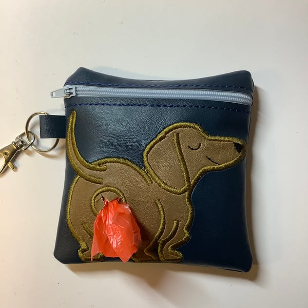 Lovely  Dachshund  Embroidered Navy blue  faux leather dog poo bag ,dog walking,