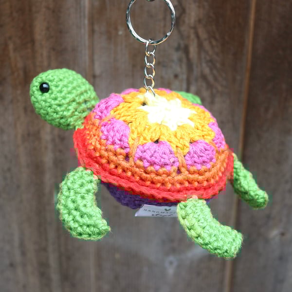 Handmade Turtle Crochet Keyring - Rainbow Bright