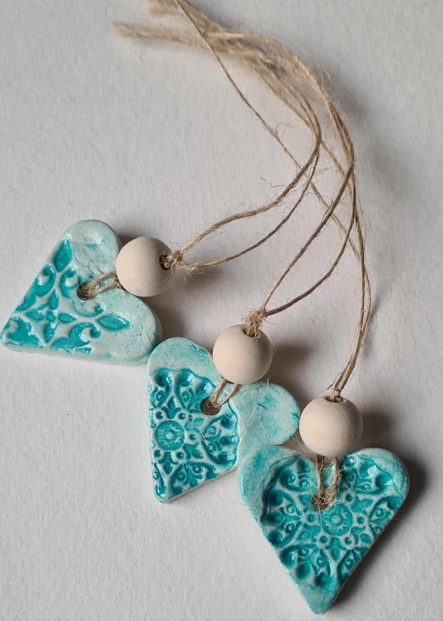Mini heart clay hanging decorations teal gift tag set of three home decor