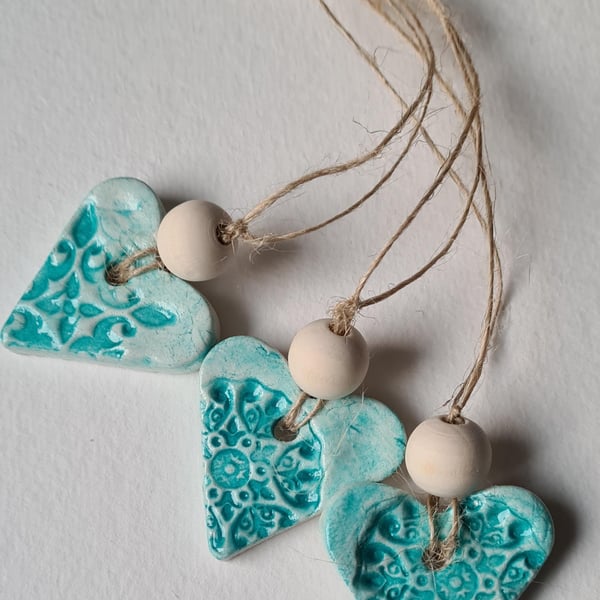Mini heart clay hanging decorations teal gift tag set of three home decor