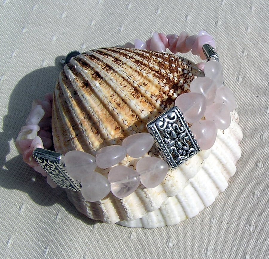 SALE - Gemstone Crystal Heart Bracelet, Rose Quartz & Pink Opal "Fairy Wishes" 