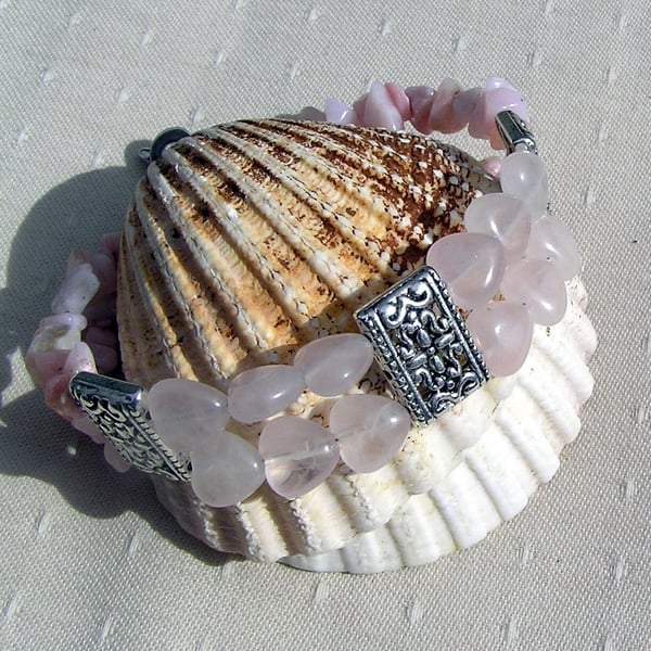 SALE - Gemstone Crystal Heart Bracelet, Rose Quartz & Pink Opal "Fairy Wishes" 
