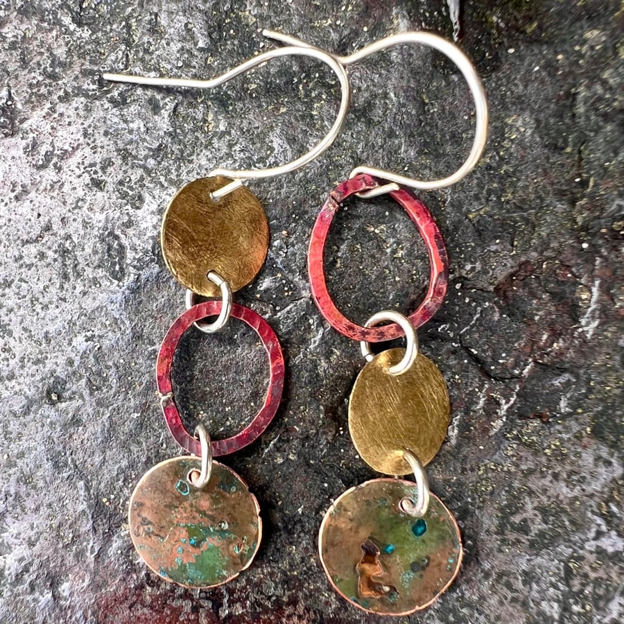 Brass,Red Copper and Verdigris Mismatched Dangle Earrings