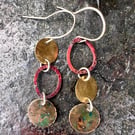 Brass,Red Copper and Verdigris Mismatched Dangle Earrings