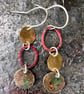 Brass,Red Copper and Verdigris Mismatched Dangle Earrings