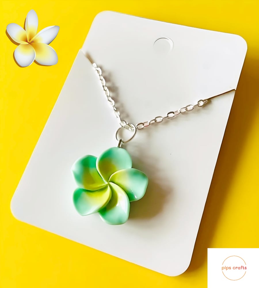 Green Frangipani Flower Pendant Necklace 18 Inch Chain - Flower Jewellery