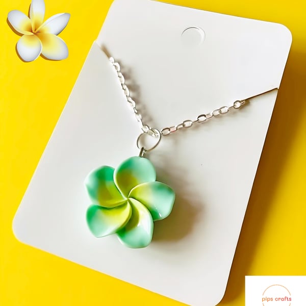 Green Frangipani Flower Pendant Necklace 18 Inch Chain - Flower Jewellery