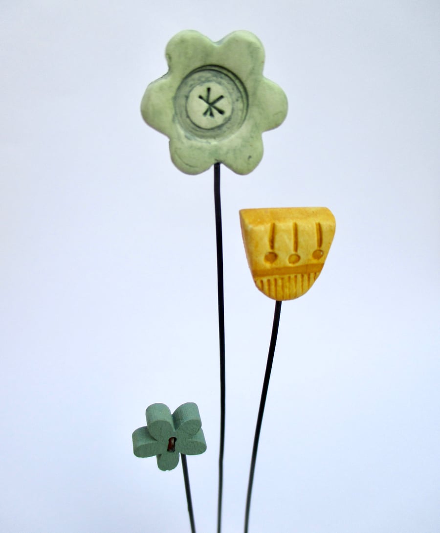SALE - Clay Flowers on a Wooden Block - green flower