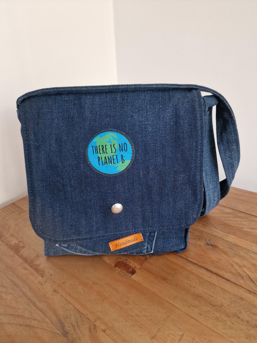 Upcycled Denim Crossbody Bag – There Is No Planet B – Handmade Sustainable Bag