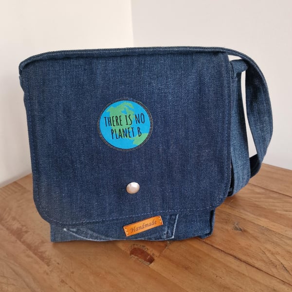Upcycled Denim Crossbody Bag – There Is No Planet B – Handmade Sustainable Bag