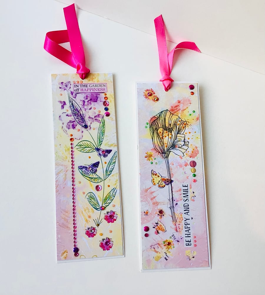 Bookmarks Set of Two, Printed Handfinished, Floral Collage Design 