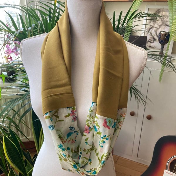 Ochre cotton flowered retro pattern vintage fabric neck and head wrap shawl 