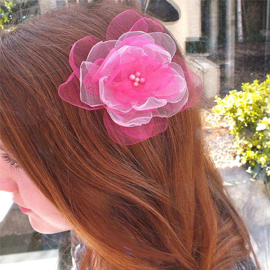 Pretty Pink Flower Hair Clip in Organza