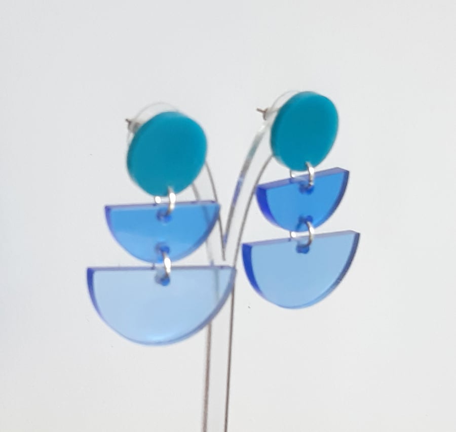 Blue tiered earrings, Resin drops, Translucent dangles, Semi circle earrings