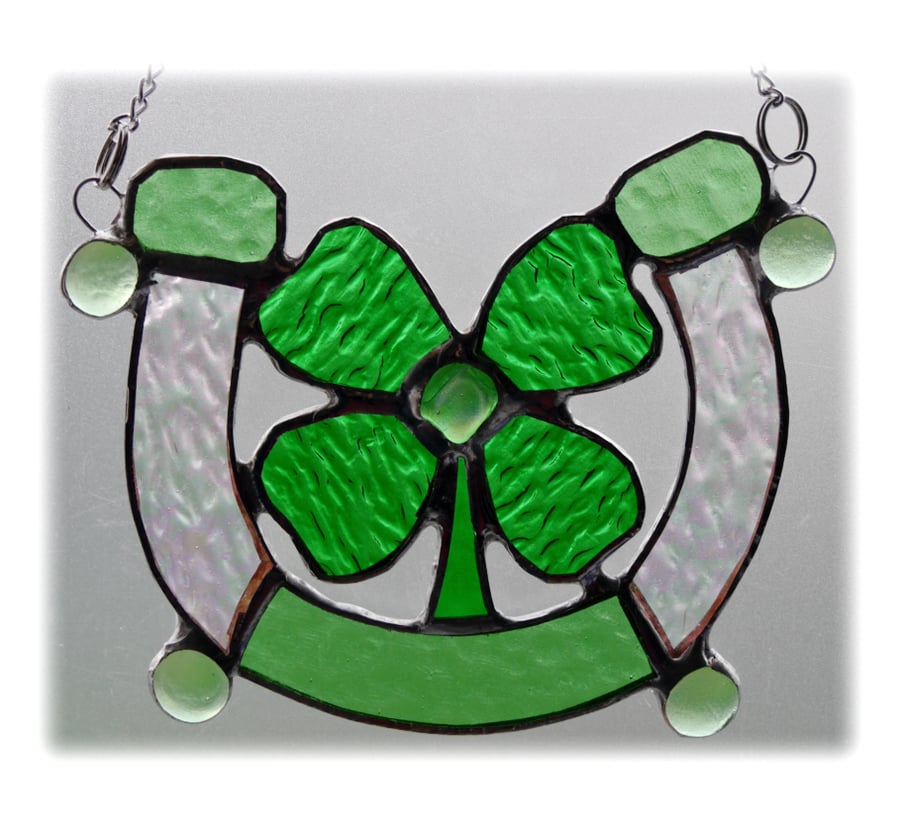 Good Luck Horseshoe Clover Shamrock Stained Glass Suncatcher 001