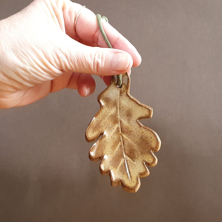 Ceramic bag charm handmade stoneware oak leaf