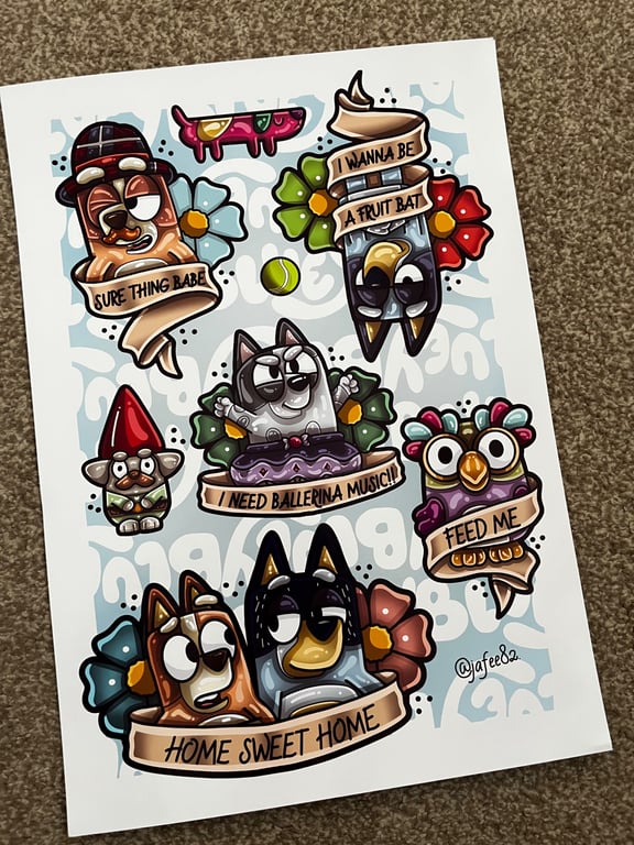 Bluey inspired Full Colour New School Tattoo Flash Print