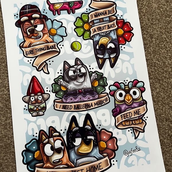 Bluey inspired Full Colour New School Tattoo Flash Print