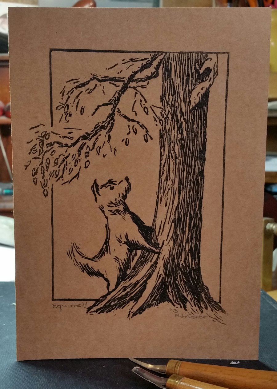 Original signed linocut card 'squirrel!' 
