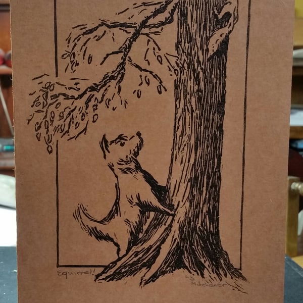Original signed linocut card 'squirrel!' 
