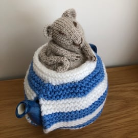 Little Dormouse Is Just Waking Up Tea Cosy with Blue and White Stripes (R297)