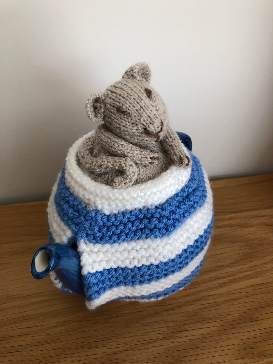Little Dormouse Is Just Waking Up Tea Cosy with Blue and White Stripes (R297)
