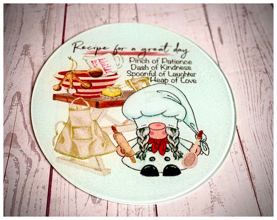 Recipe For a great Day Gnome Glass Chopping Board 