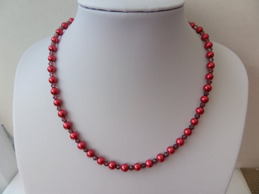 Reduced: 6mm Burgundy glass pearl and wine bicone crystal bead necklace.