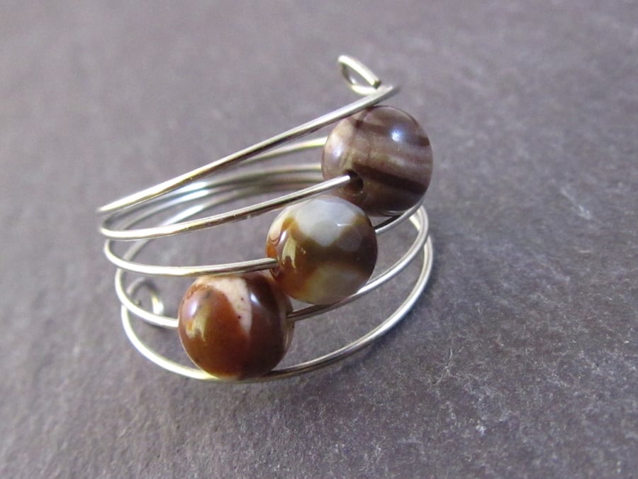 Brown Agate Silver Memory Wire Ring, Brown Ring