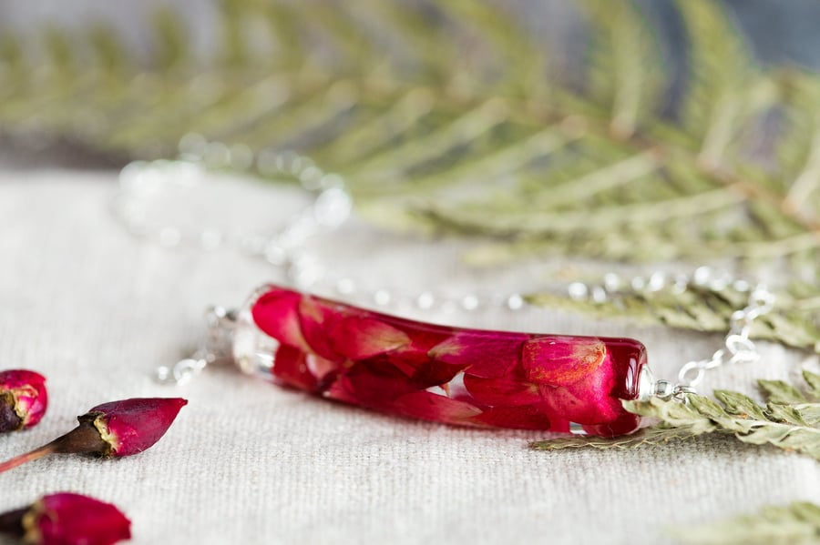 Rose Necklace Red Rose Petal Cylinder Gifts for Her Botanical Jewelry Pressed Fl
