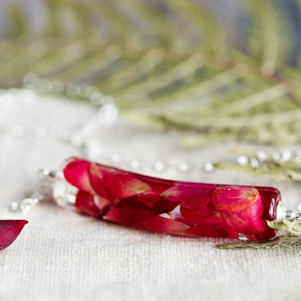 Rose Necklace Red Rose Petal Cylinder Gifts for Her Botanical Jewelry Pressed Fl