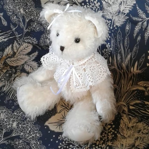 Collector's teddy bear, Ammi a jointed Mohair bear with a vintage lace collar