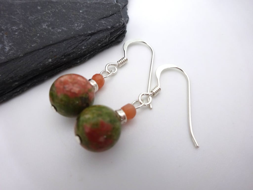 unakite and peach moonstone earrings