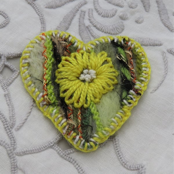 Brooch - Yellow Flower on Green Felted Heart
