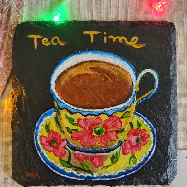 Original hand-painted slate tea coaster