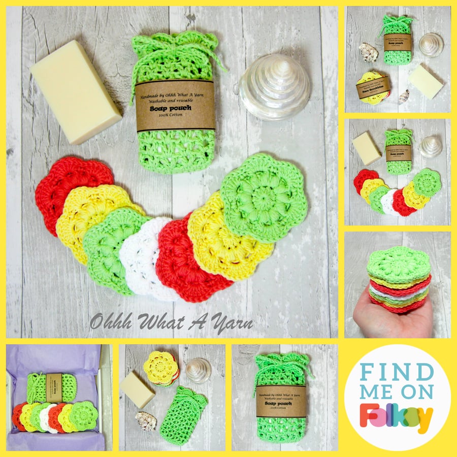 Zingy cotton scrubbies and soap saver, soap pouch.  Face wipes. Soap sock.