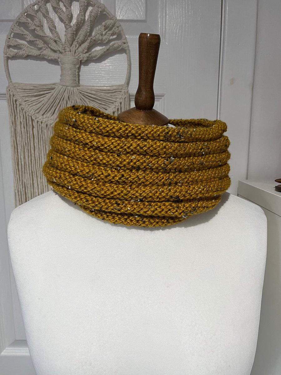 Mustard Tweed type acrylic yarn cowl Handknitted 66cms x 13cms