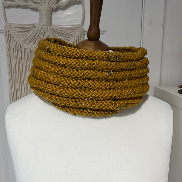 Mustard Tweed type acrylic yarn cowl Handknitted 66cms x 13cms